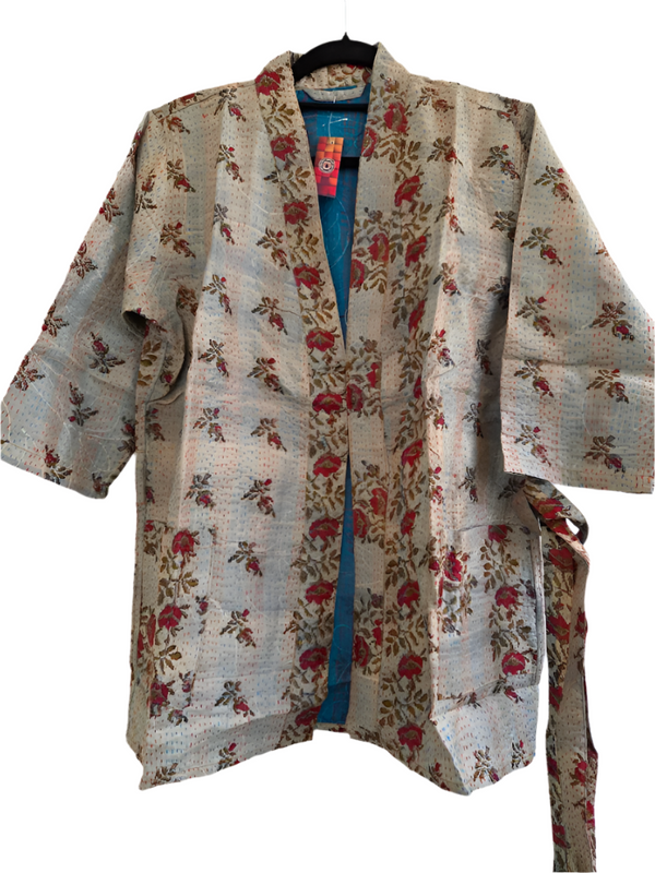 Silk Kantha Kimono - grey green & inside blue