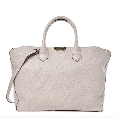 Burberry Heritage Grain Check Embossed Medium Dewsbury Tote Stone White
